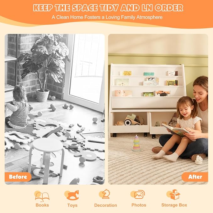 Kids Bookshelf with Two Movable Drawers Toddler Bookcase with Toy Storage - Image 5