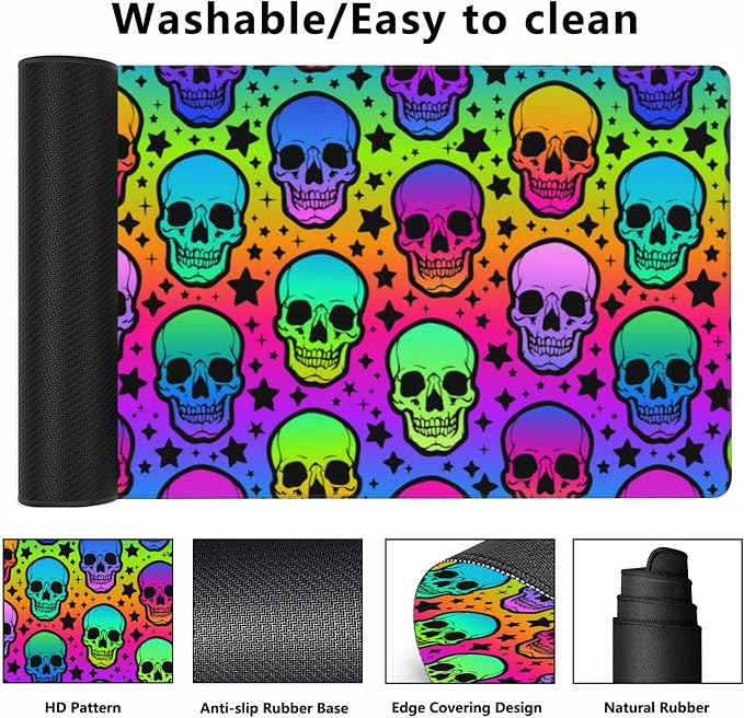Desk Mat, Neon Skulls and Stars Extended Gaming Mouse Pad, Large Non-Slip - Image 2