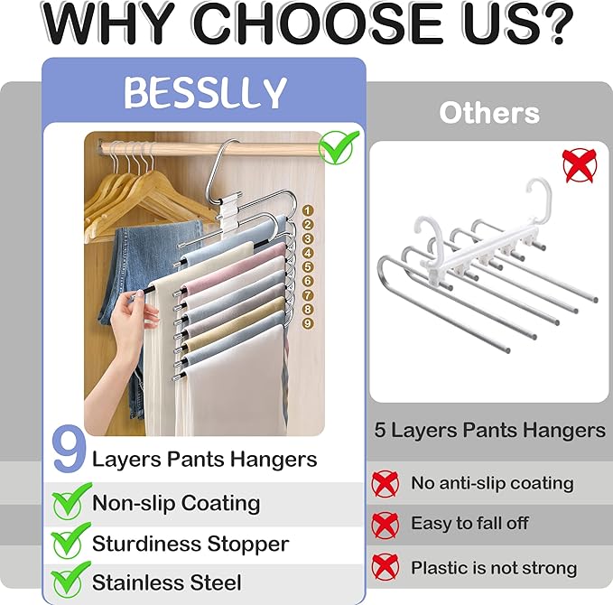 9 Layers Pants Hangers Space Saving, 2 Pack Multifunctional Pant Rack Stainless - Image 2