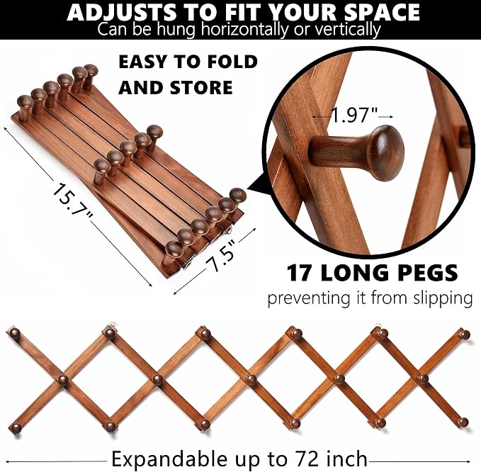 Amber Home Wood Accordion Wall Rack 17 Hooks, Expandable Wall Mounted Hanger - Image 2