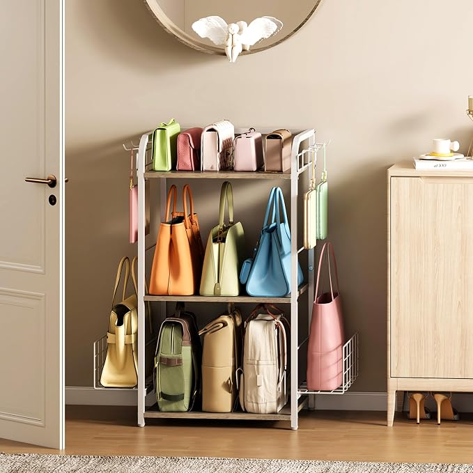 White Purse Organizer, 3-Tier Floor Standing Bag Rack Stand Featuring Side - Image 7