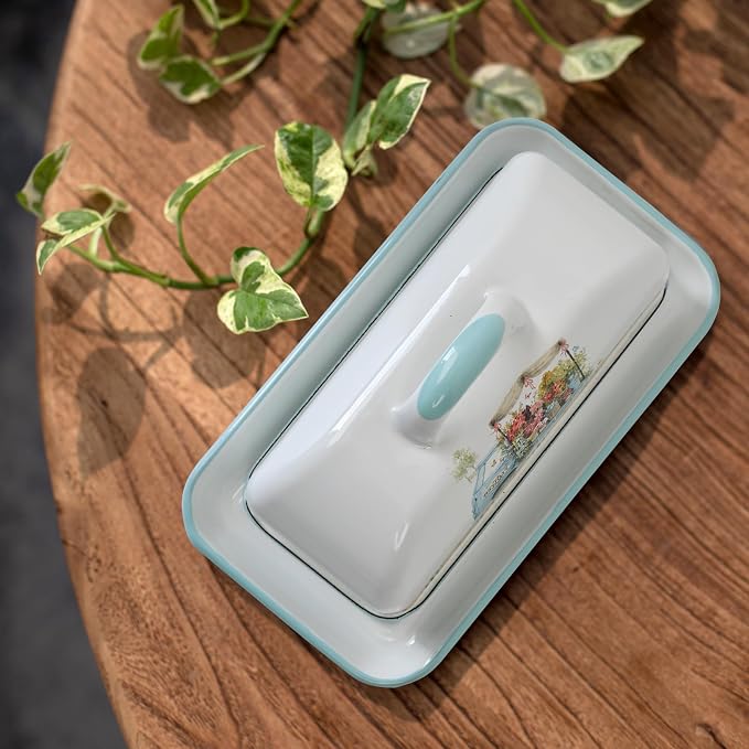 Enamel Butter Dish with Lid Vintage Enamelware Butter Keeper with Flower and - Image 5