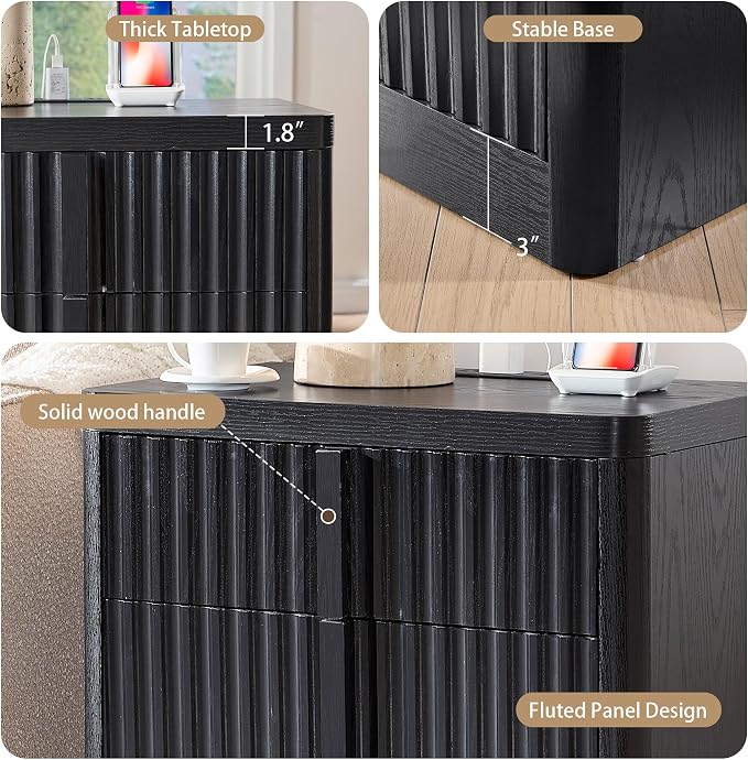 Black 23.6" Nightstand with Charging Station, Side Table with 3 Storage Drawers - Image 5