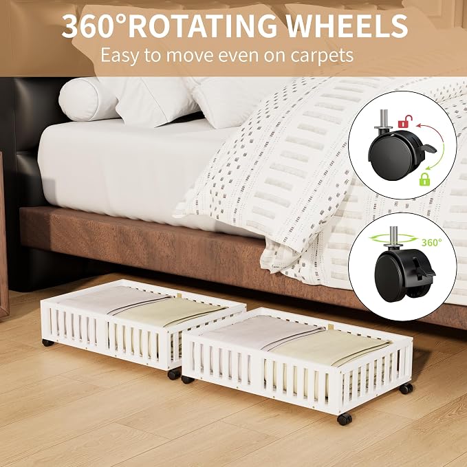 Bamboo Under Bed Storage with Wheels, Rolling Underbed Shoe Organizer Box - Image 7