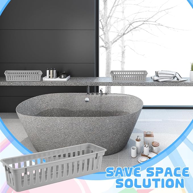 6 Pcs Gray Slim Plastic Storage Baskets Tray 10 x 3 x 2.5 Inch Compact - Image 5