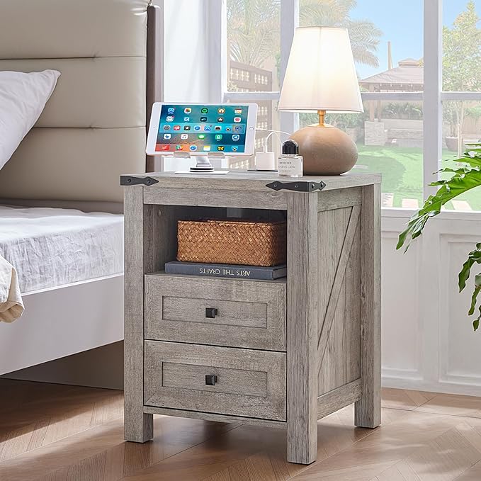 Nightstands Set of 2 with Charging Station, Farmhouse Night Stand with 2 - Image 4