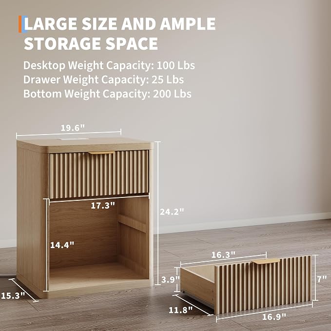 Fluted Nightstand with Charging Station, Bedside Table with Drawers and Open - Image 2