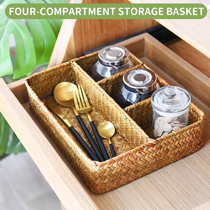 Wicker Baskets 4-Section Tea Bag/Sugar Packet Holder, Seagrass Woven - Image 4
