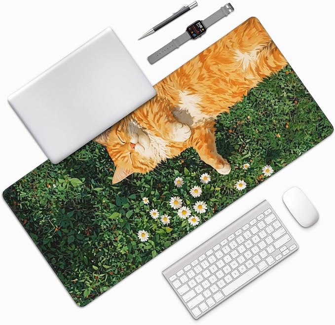 Cozy Cat Large Mouse Pad, Grass Daisy Gaming Desk Mat, XXL Keyboard Desk Pad Mat - Image 7