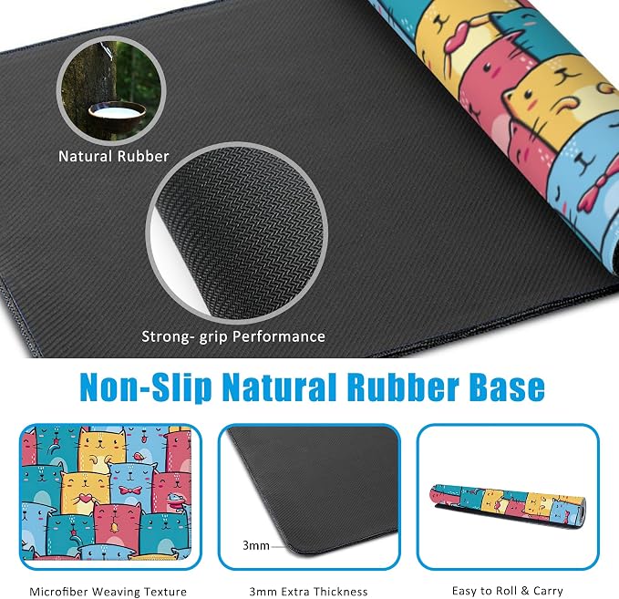Kawaii Colorful Cats Desk Mat, Large Gaming Mouse Pad, Non-Slip Rubber Base - Image 5