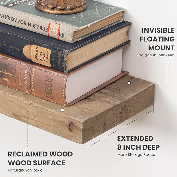 Floating Shelves, 8 Inch Deep Rustic Solid Reclaimed Wood Wall Shelves - Image 4