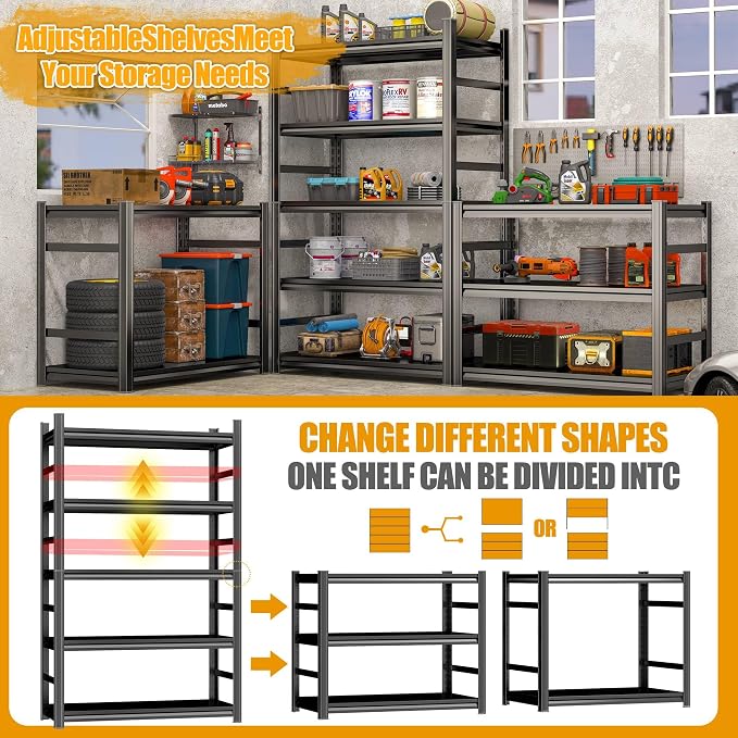 78'' Garage Storage Shelves, Metal 5Tier Shelving Unit, Adjustable, - Image 7