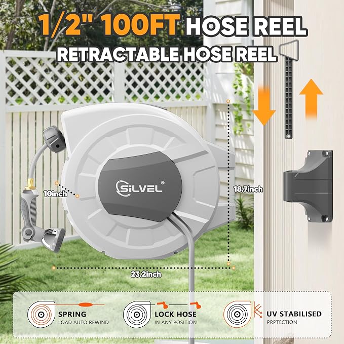 SILVEL Retractable Garden Hose Reel, 1/2 in x 100ft Wall Mount Heavy Duty - Image 5