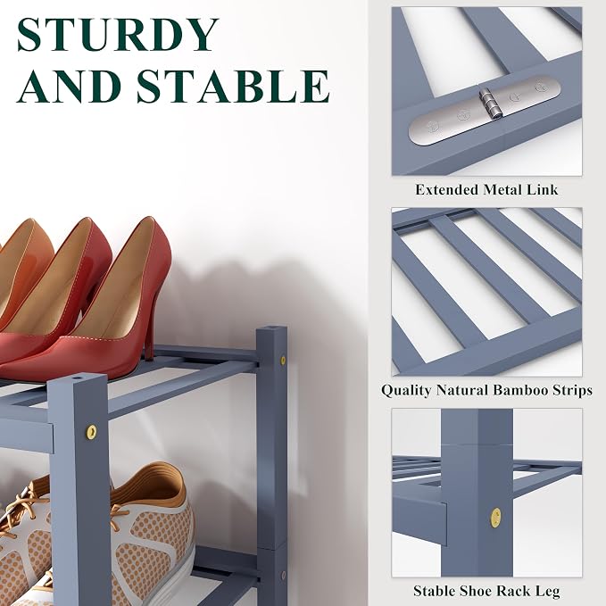 Smiry Bamboo Shoe Rack for Closet, 2 Tier Long Wooden Stackable Shoe Organizer - Image 3