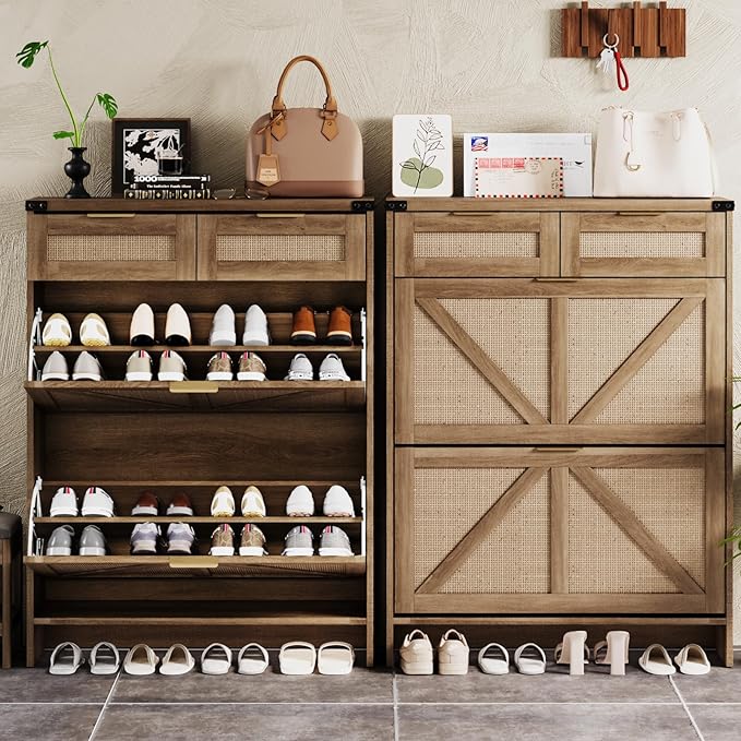 Shoe Cabinet with 2 Flip Drawers & 2 Drawers, Farmhouse Shoe Storage Cabinet - Image 6