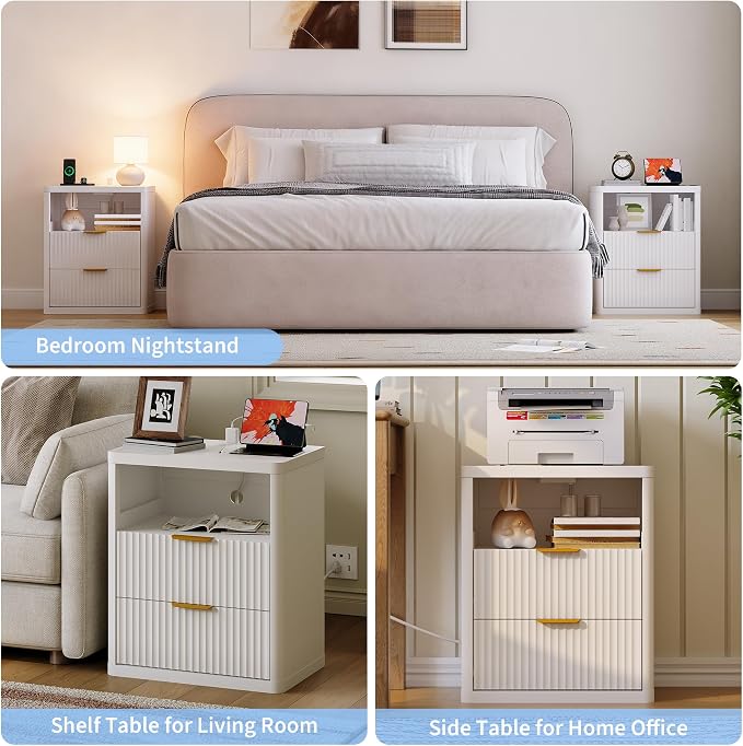 Fluted Nightstand with Charging Station, Bedside Table with 2 Drawers and Open - Image 7