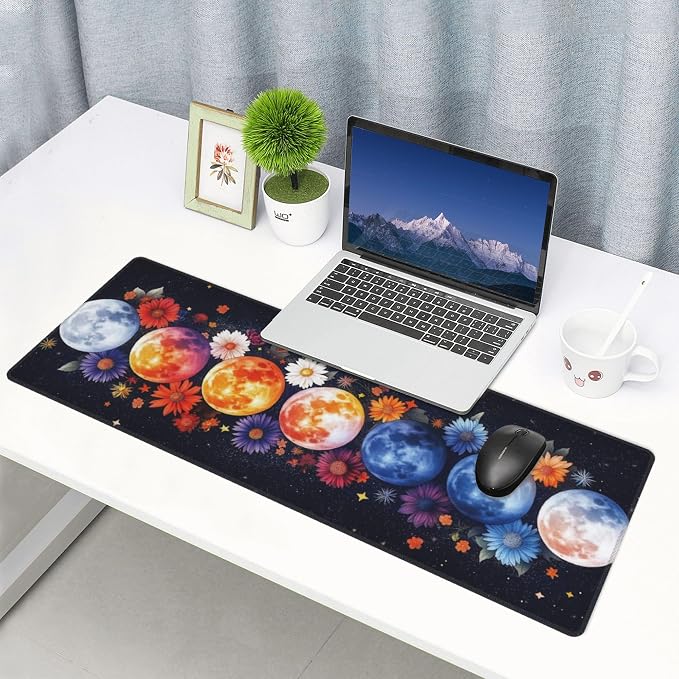 Colorful Moon Phases Large Mouse Pad, Watercolor Flowers Gaming Desk Mat - Image 9