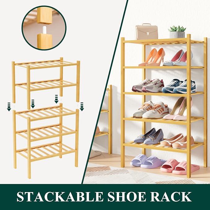 Smiry Bamboo Shoe Rack for Closet, 5 Tier Small Wooden Stackable Shoe Organizer - Image 4