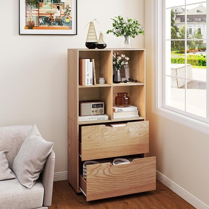 Giantex Bookshelf with 4 Cubes & 2 Drawers, 51” Tall Floor Bookcase with - Image 7