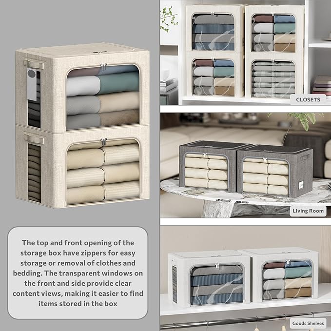 4 Pack Clothes Storage Bins - 66L Stackable Storage Box with Lid，Foldable - Image 2
