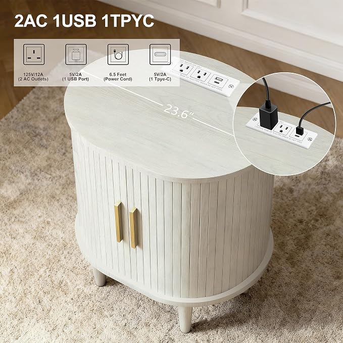 Nightstands Set of 2 & Charging Station, Fluted Accent Side Table - Image 3