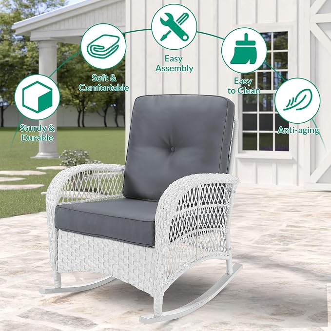 VIVIJASON 2 Piece Patio Wicker Rattan Rocker Chair, Outdoor Rattan Rocker Chair - Image 6