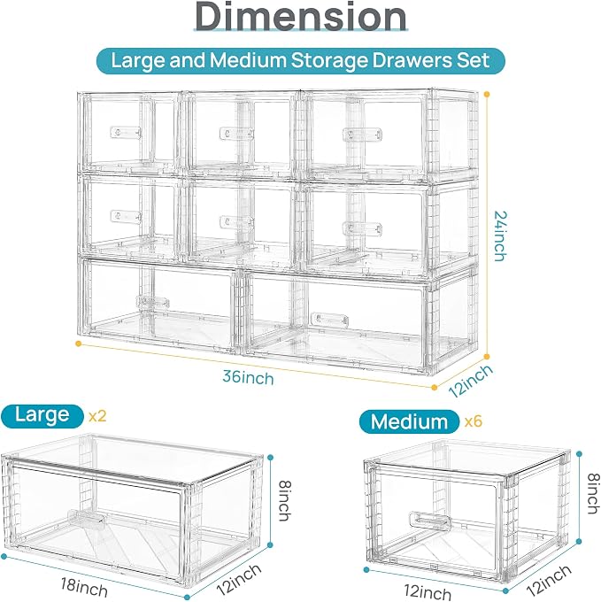 Vtopmart 8-Piece Large & Medium Stackable Drawer Organizer Set, 162QT Clear - Image 2