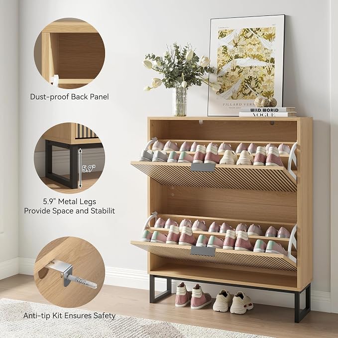 Shoe Cabinet with 2 Flip Drawers, Narrow Wood Shoe Cabinet Storage - Image 5