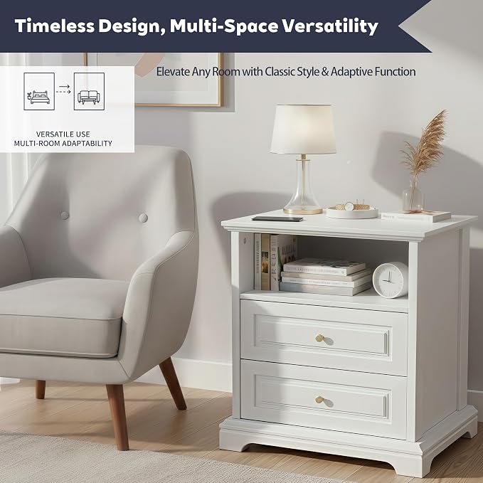 White Nightstand with 2 Drawers & Open Shelf, 21.2"x16.5"x24.0" Bedside Table - Image 4