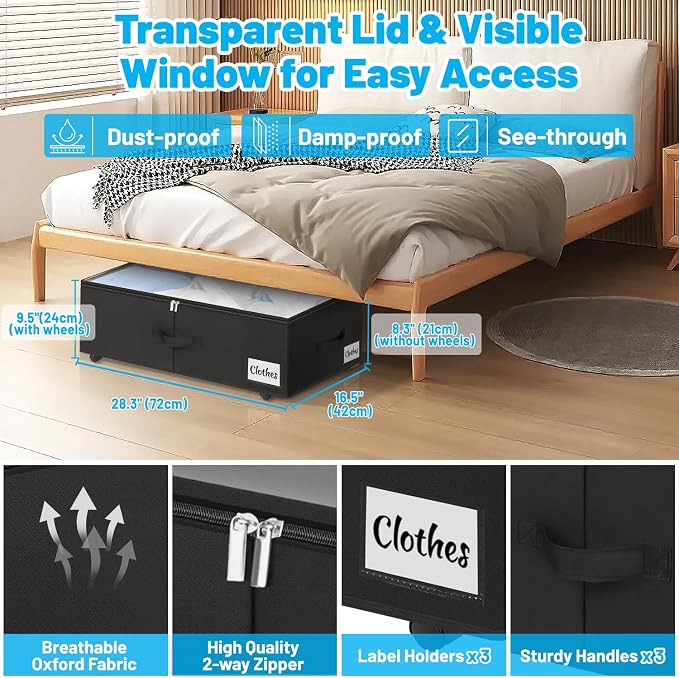 2 Pack Under Bed Storage with Wheels 10" Height, Rolling Storage Bins XXL 60L - Image 3