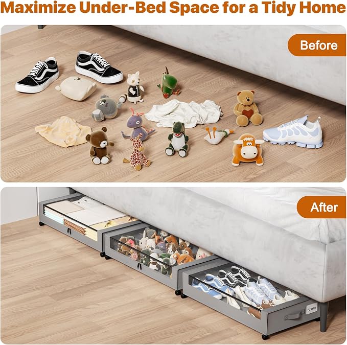 Under Bed Storage with Wheels, XXL 60L Under Bed Storage Containers with Clear - Image 6
