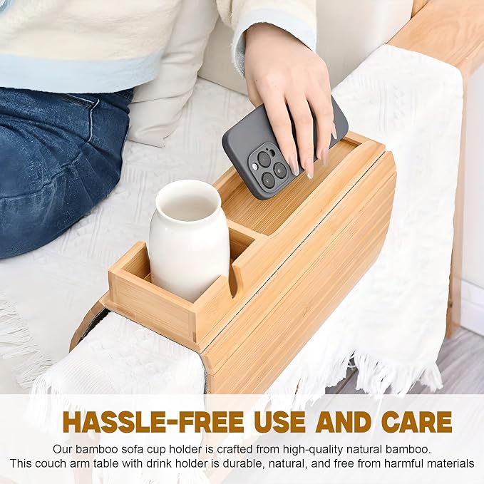 Adjustable Bamboo Couch Cup Holder – Foldable Non-Slip Sofa Arm Tray Couch Caddy - Image 6