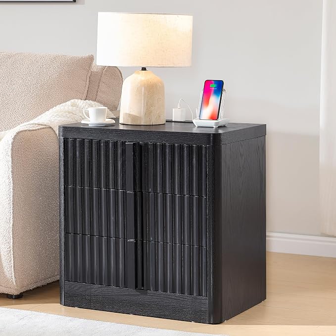 Black 23.6" Nightstand with Charging Station, Side Table with 3 Storage Drawers by YANSNWO