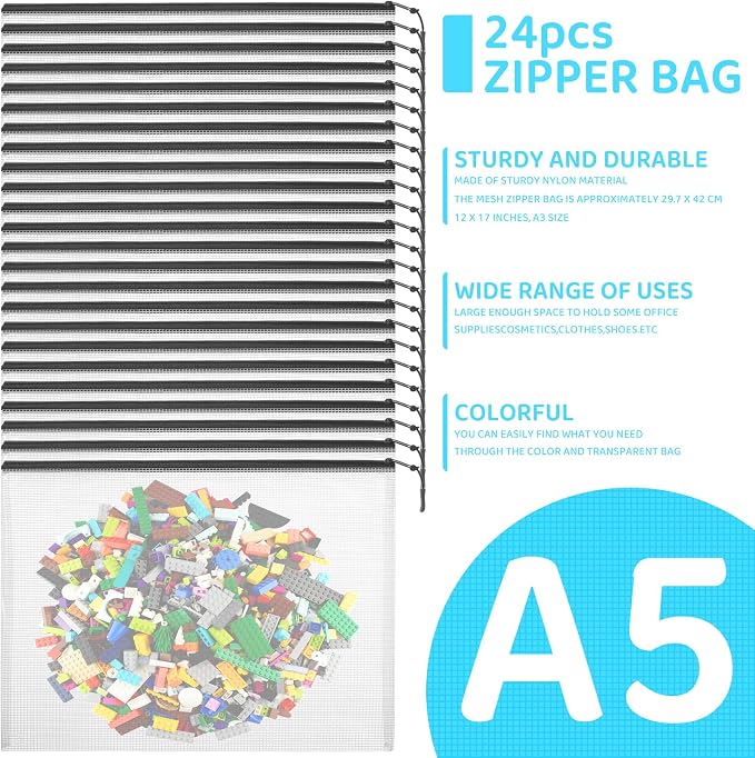 24pcs Mesh Zipper Pouch Bags, A5 9.4 x 6.9 Inches Reusable Zipper Bags Puzzle - Image 7