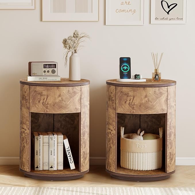 Side Table with Drawer, Round Bedside Table with Open Shelf, Farmhouse Burl - Image 7