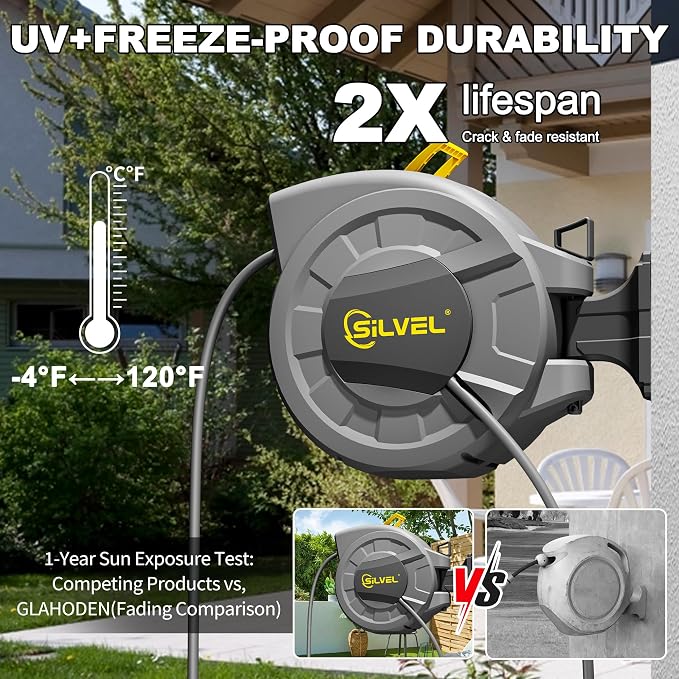 SILVEL 1/2 in x 110 FT Retractable Garden Hose Reel, UV Resistant Heavy Duty - Image 4