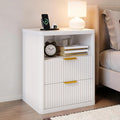 Fluted Nightstand with Charging Station, Bedside Table with 2 Drawers and Open by Boaeatu