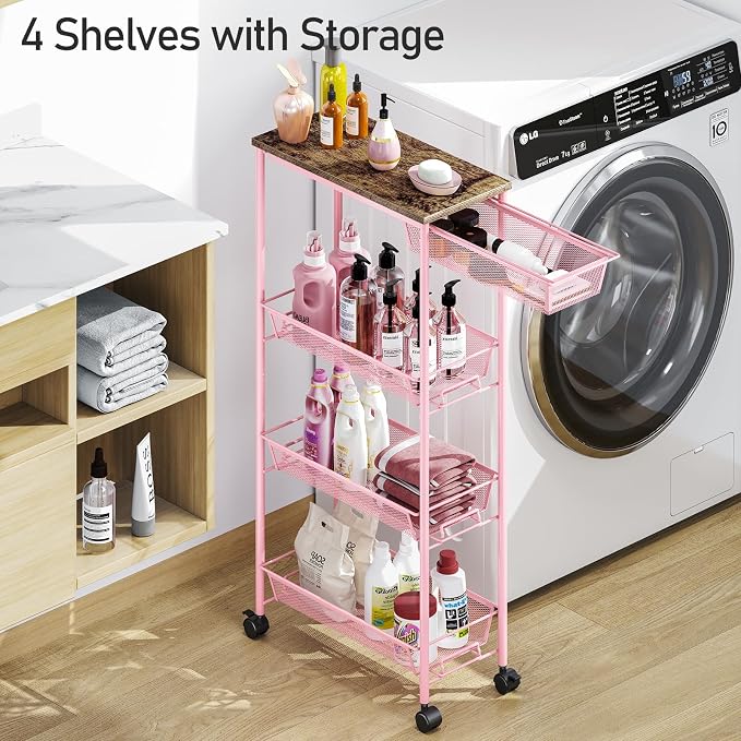 KINGRACK 4-Tier Slim Storage Cart, Metal Rolling Cart, Organizer - Image 4