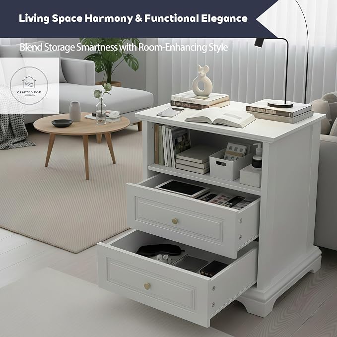 White Nightstand with 2 Drawers & Open Shelf, 21.2"x16.5"x24.0" Bedside Table - Image 8