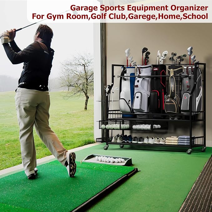 Golf Bag Storage Rack on Wheels, Mobile 5-Bag Organizer - Image 5
