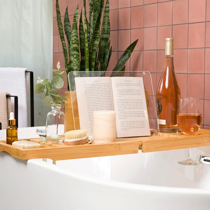 Waterproof Shield Keeps Your Book Open – Extendable Bamboo Bathtub Tray - Image 2