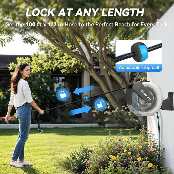 Retractable Garden Hose Reel 100 ft x 1/2 in, Heavy Duty Hose Reel Wall Mount - Image 4