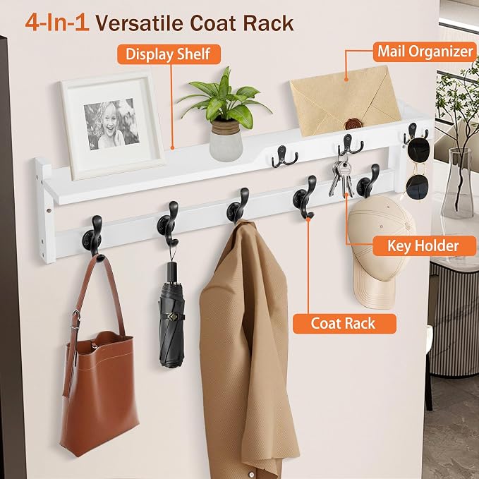 29'' Coat Rack Wall Mount with Shelf, Coat Hanger Wall Mount with Key Hooks and - Image 2
