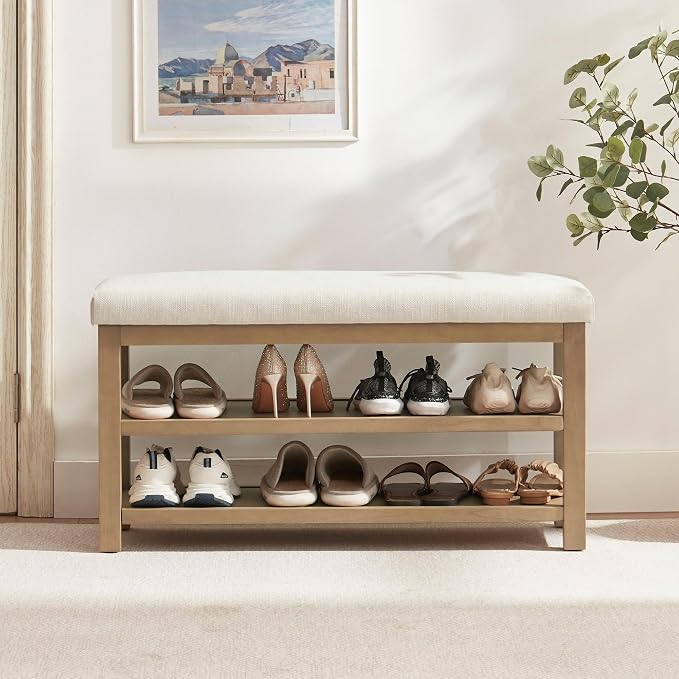 2 Tier Shoe Rack Bench with Cushion, Solid Wood Shoe Benches, Mid-Century by Zihanhome