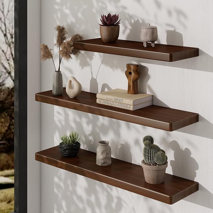 36" Rustic Walnut Wood Floating Shelves, 8 Inch Deep Wall Shelves - Image 4