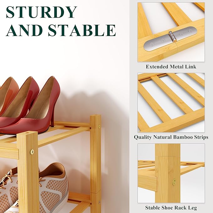 Smiry Bamboo Shoe Rack for Closet, 5 Tier Wooden Stackable Shoe Organizer - Image 3