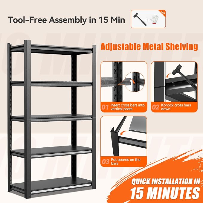 48" W Storage Shelves 2500LBS Garage Shelving Heavy Duty 5 Tier Adjustable - Image 7