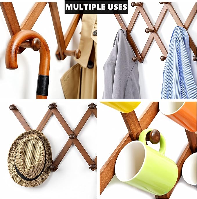 Amber Home Wood Accordion Wall Rack 17 Hooks, Expandable Wall Mounted Hanger - Image 5