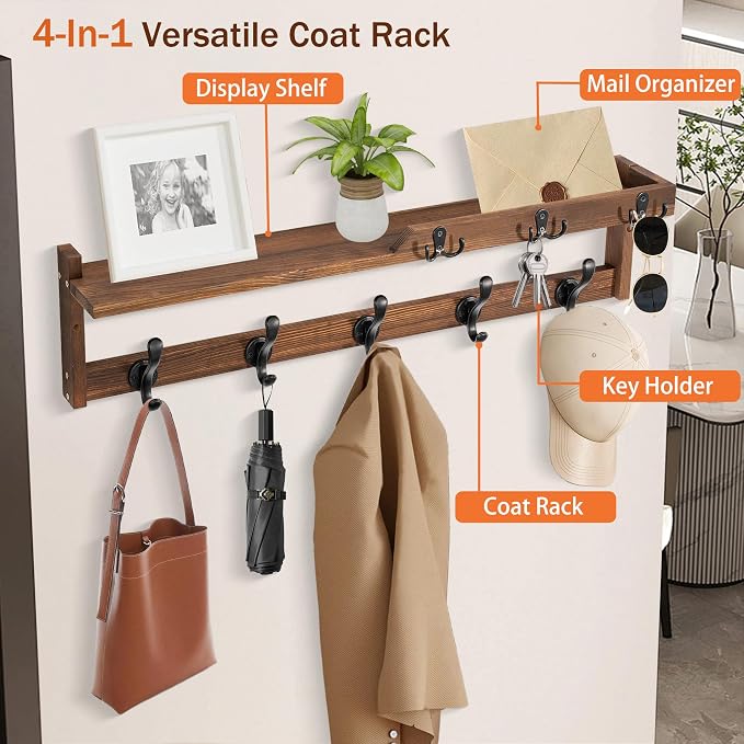 29'' Coat Rack Wall Mount with Shelf, Coat Hanger Wall Mount with Key Hooks and - Image 2