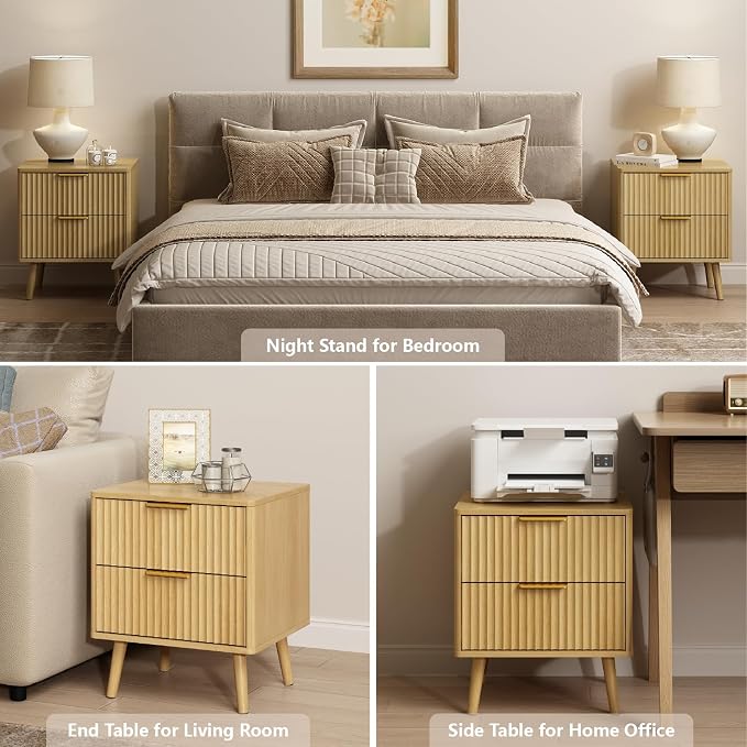 CARPETNAL Fluted Nightstand, Oak Bedside Table - Image 7
